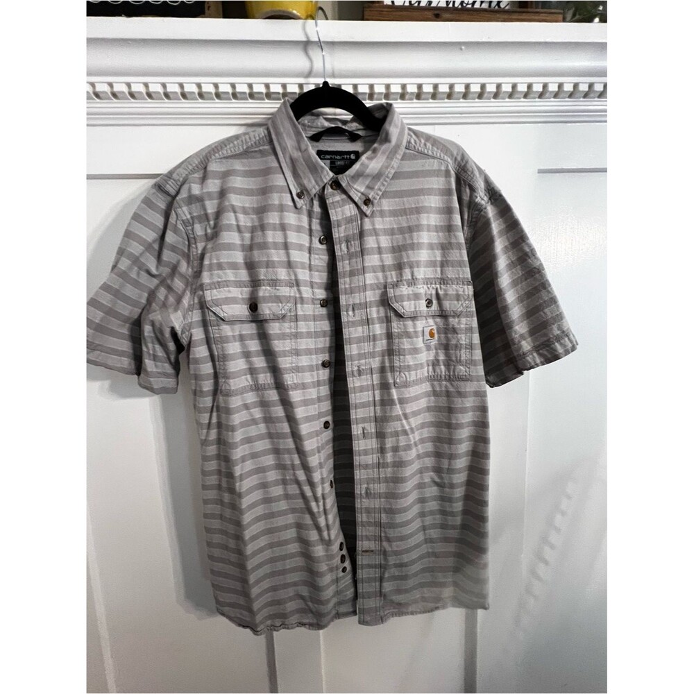Grey gray striped Carhartt loose fit 100% cotton short sleeve shirt size L large